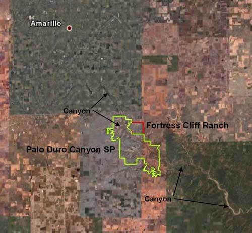 Location of Palo Duro Canyon SP in relation to Amarillo and Fortress Cliff Ranch
