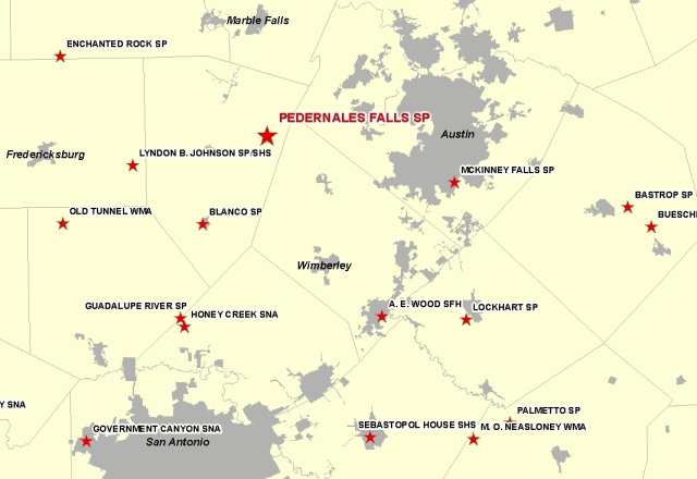 Vicinity Map for Pedernales Falls State Park, 30 Miles West of Austin