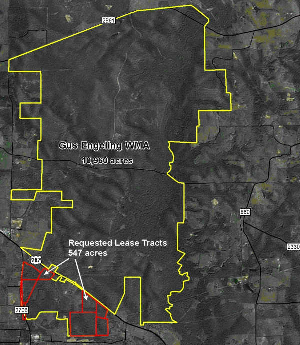 Site Map for Requested Easement at Gus Engeling WMA, Subject Tracts Shown in Red