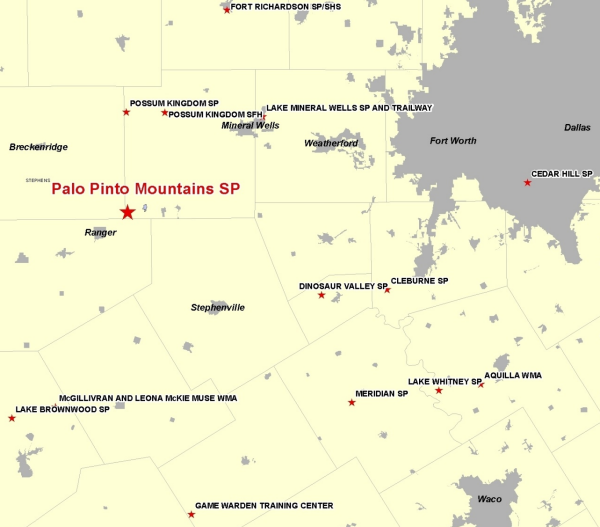 Vicinity Map for Palo Pinto Mountains State Park 70 Miles West of Fort Worth