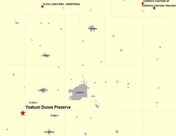Vicinity Map for Yoakum Dunes Preserve 40 Miles Southwest of Lubbock