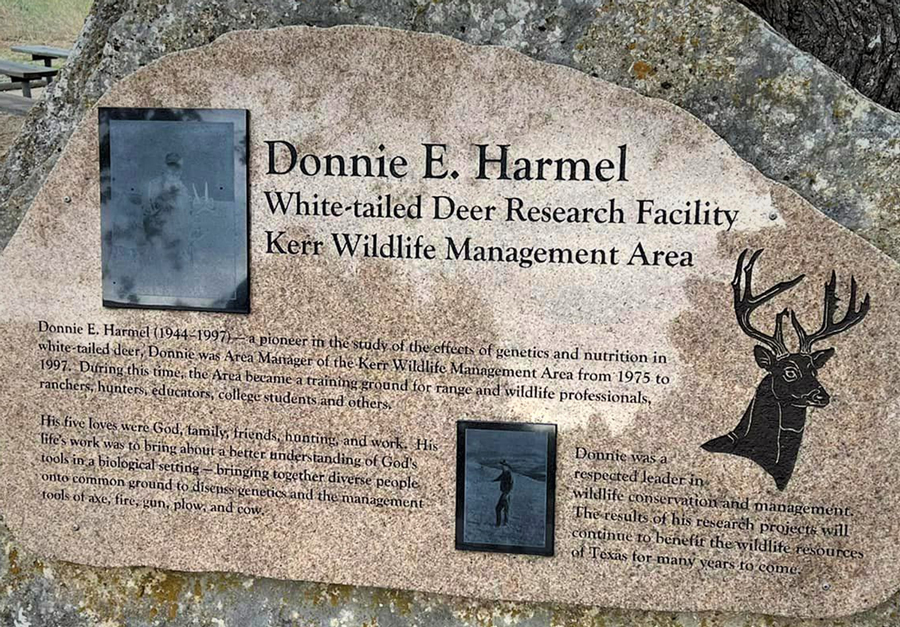 Donnie E. Harmel White-tailed Deer Research Facility monument stone onsite at Kerr WMA