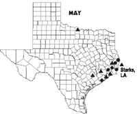 Map of Texas showing counties where sightings of Swallow-tailed Kites for May 1998-data follows.