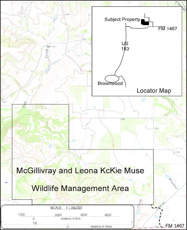 This image is a representation of where the McGillivray Muse Ranch lies in relation to Brownwood, TX