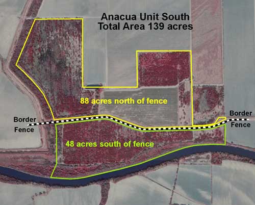 Location of Anacua Unit border fence in relation to total 139-acre area.