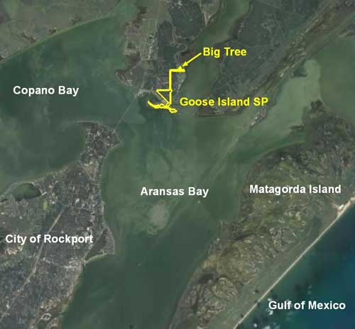 Location of Goose Island State Park and Big Tree in relation to Copano Bay, Aransas Bay, City of Rockport, Matagorda Island and Gulf of Mexico