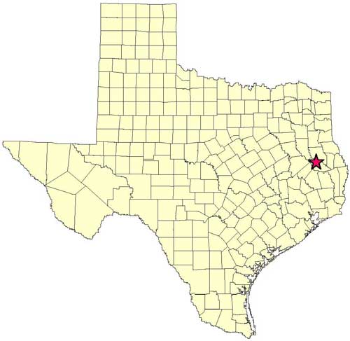 Location of Alazan Bayou WMA, Angelina County in relation to the State of Texas