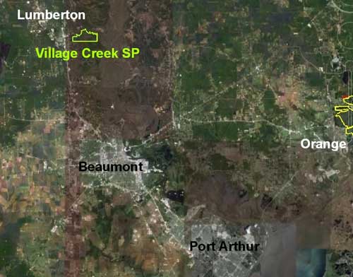 Location of Village Creek State Park in relation to Lumberton, Orange, Beaumont and Port Arthur.