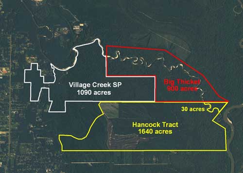 Location of Village Creek State Park in relation to Big Thicket and Hancock Tract.
