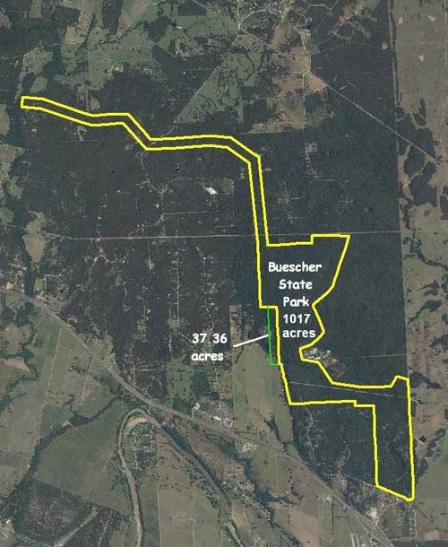 Location of 37.36 acres land donation in relation to Buescher State Park