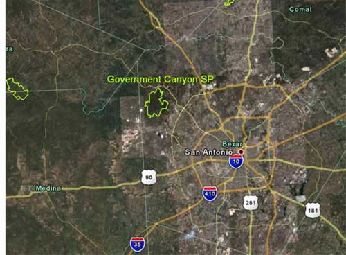 Location of Government Canyon State Natural Area, Bexar County in relation to the San Antonio, TX