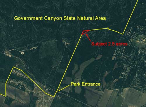 Location of subject 2.6 acres in relation to Government Canyon State Park and the park entrance