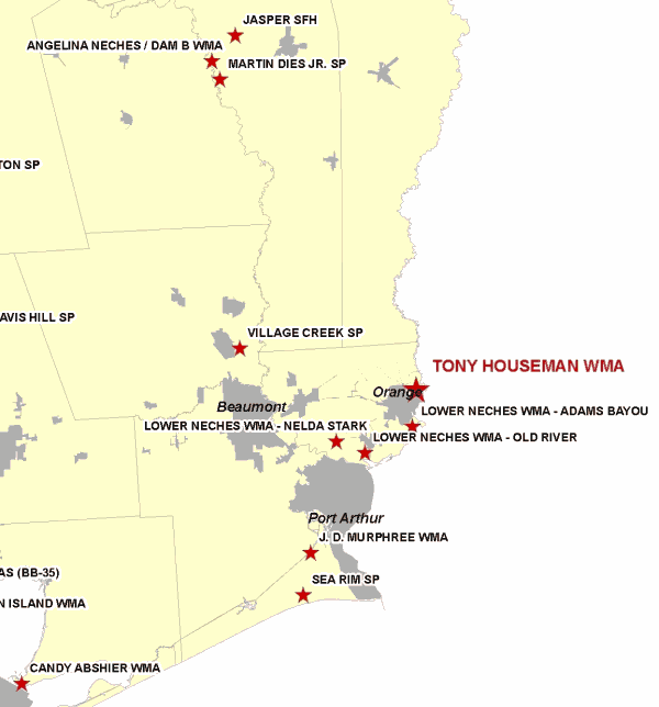 Vicinity Map for Tony Houseman WMA East of Orange, Texas