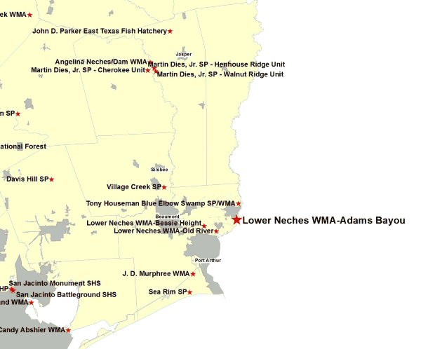 Vicinity Map for Adams Unit Lower Neches WMA in Orange County