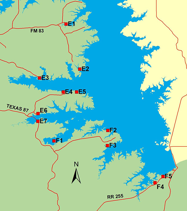 Static map of the south section of Toledo Bend Reservoir with access points labeled E1-E7 and F1-F5.