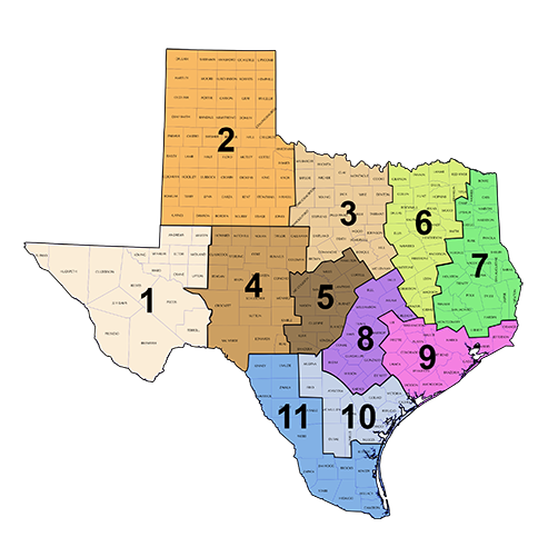 eleven Wildlife Management Districts in State of Texas