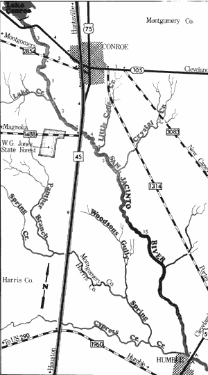 Map of San Jacinto River from State Highway 105 to US 59.