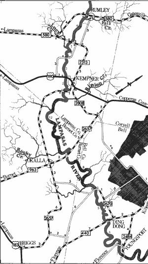Map of Lampasas River from Rumley to Youngsport.
