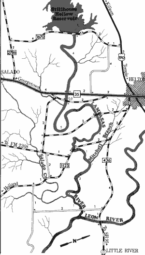 Map of Lampasas River from Stillhouse Hollow Reservoir to Leon River.